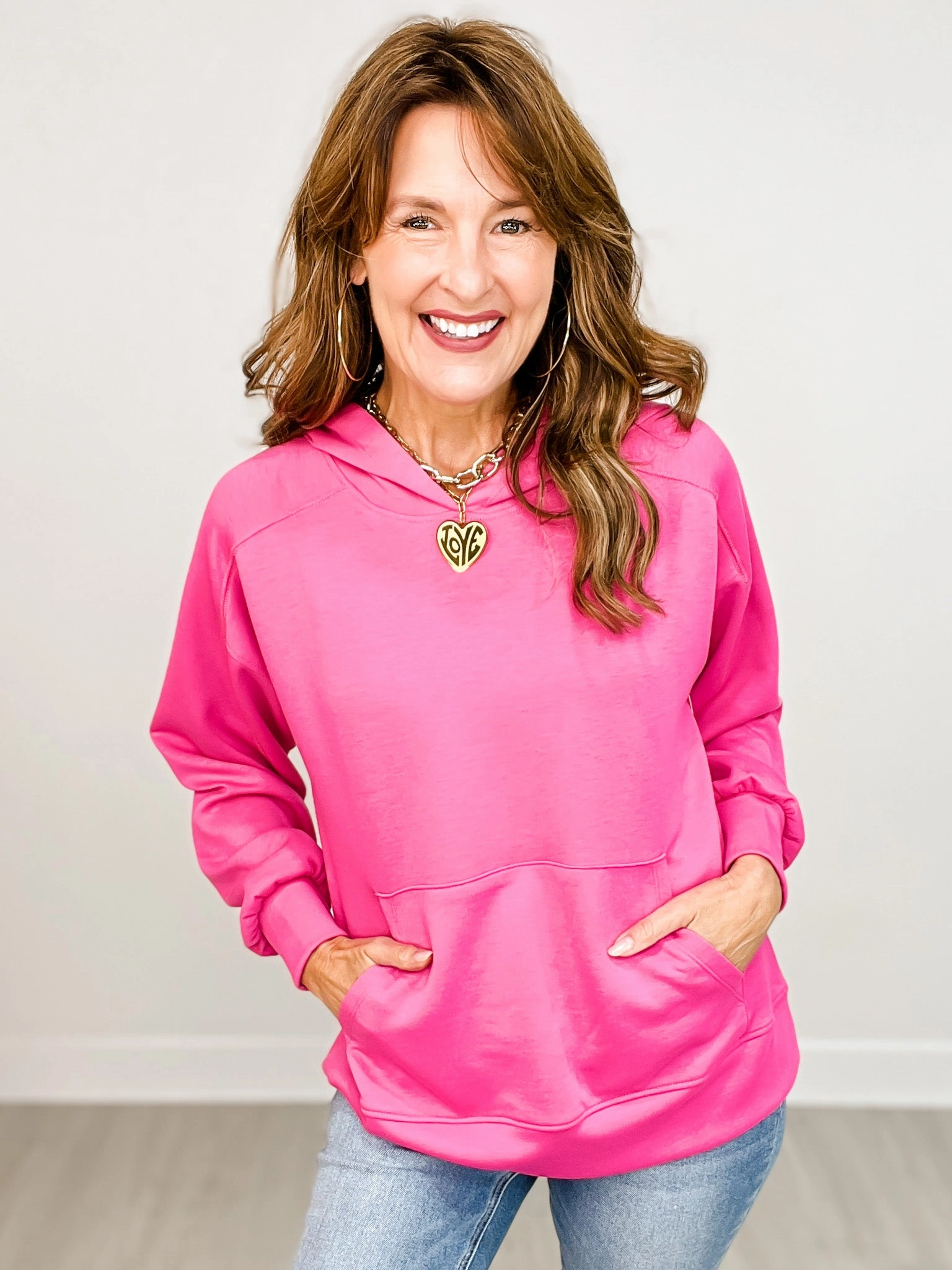 Essentials Wear sock accents Seaside Modal Hooded Top with Kangaroo Pocket in HOT PINK