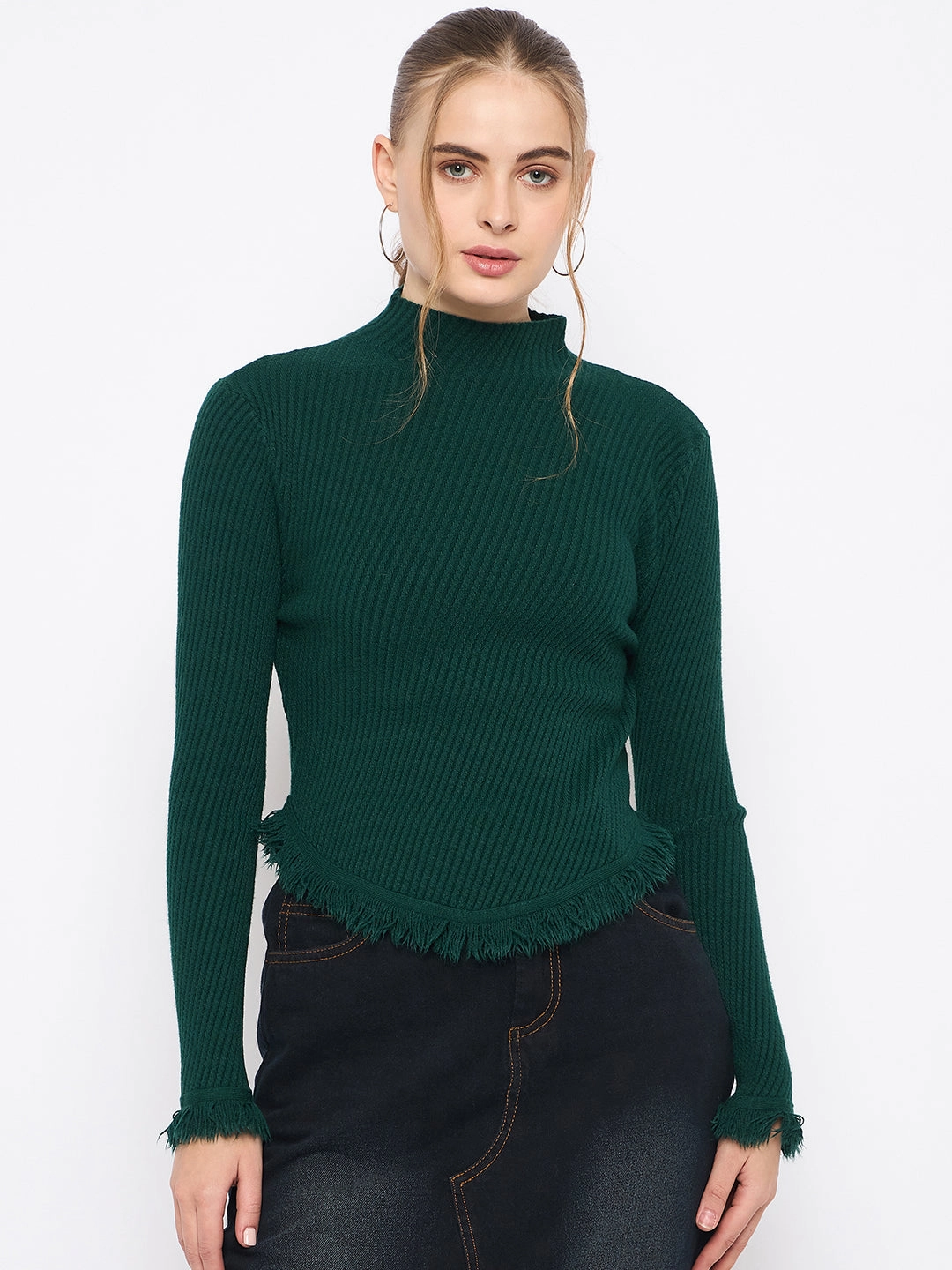 Effortless Comfort Comfort Fit Madame Fringe Hem Mock Neck Green Sweater