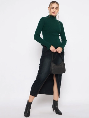 Madame Fringe Hem Mock Neck Green Sweater Non Irritating Seams Sleek Layers