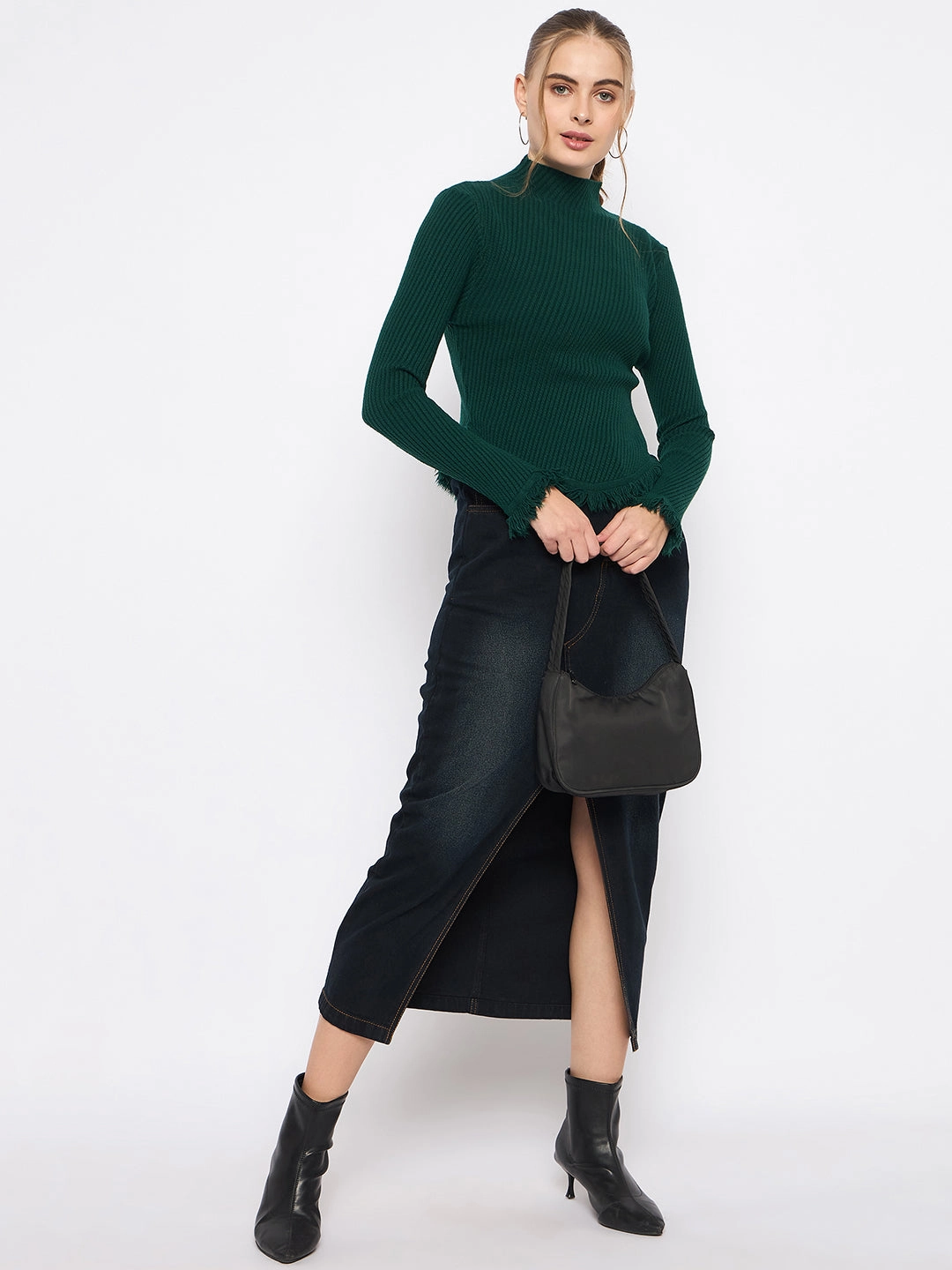 Madame Fringe Hem Mock Neck Green Sweater Non Irritating Seams Sleek Layers