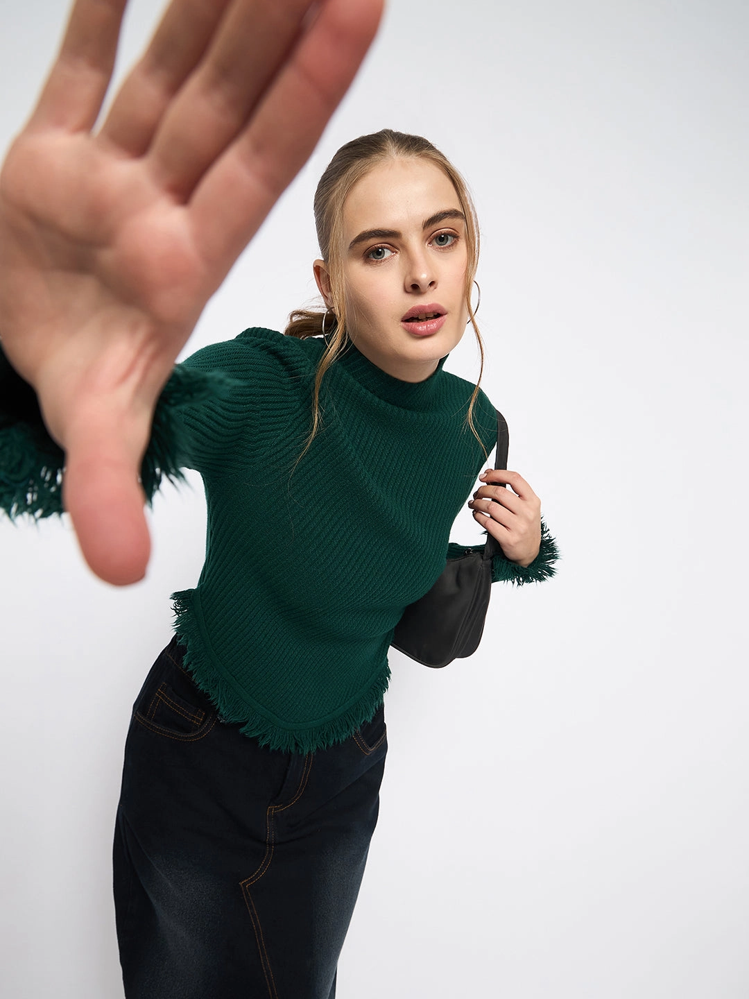 Soft Knit Wear Cold-Weather Apparel Madame Fringe Hem Mock Neck Green Sweater