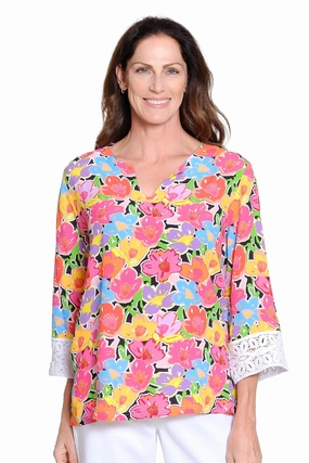 Notched Neck Top with Crochet Cuffs - Multi Softened Edges Soft Sweater