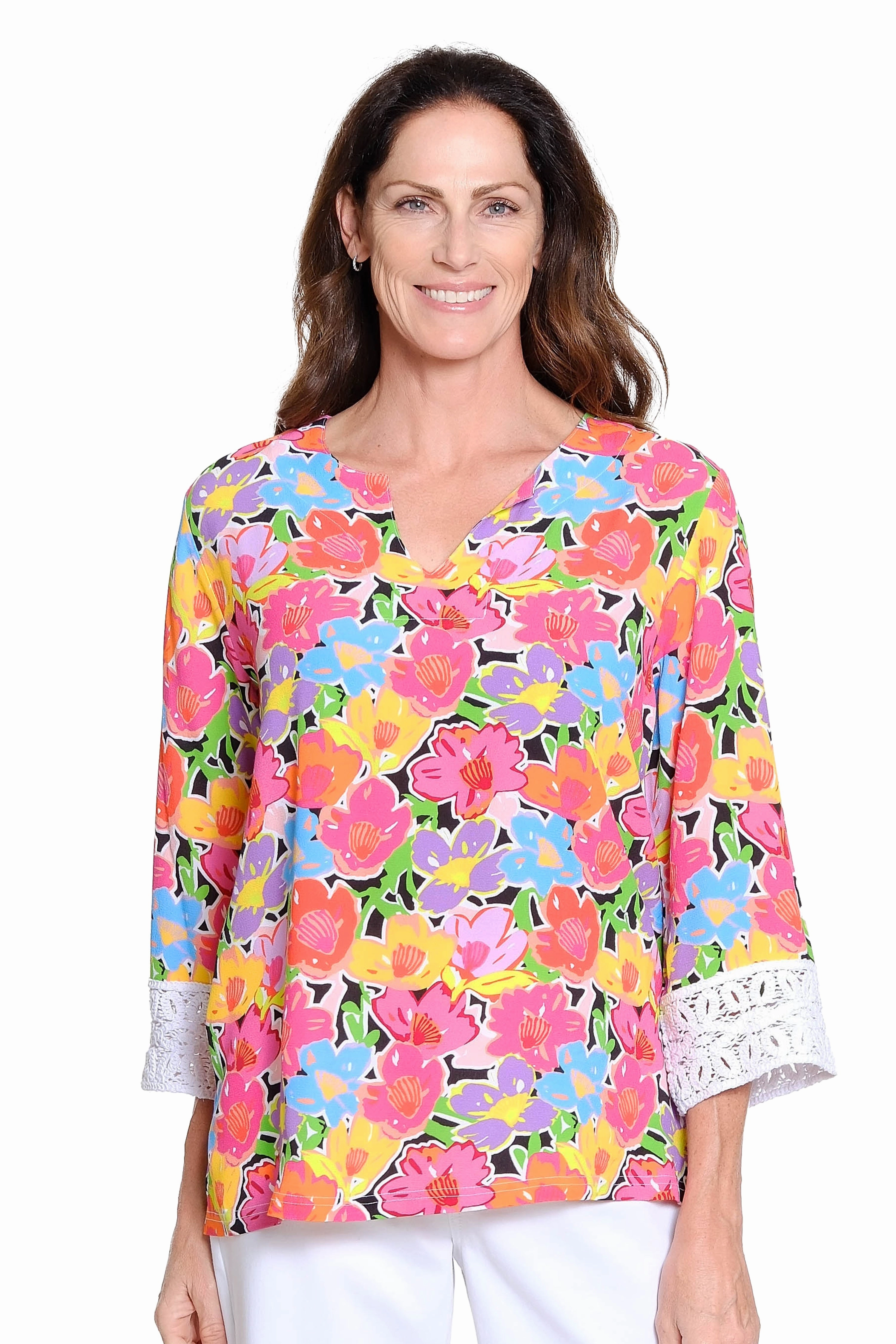 Tapered Side Panels Notched Neck Top with Crochet Cuffs - Multi