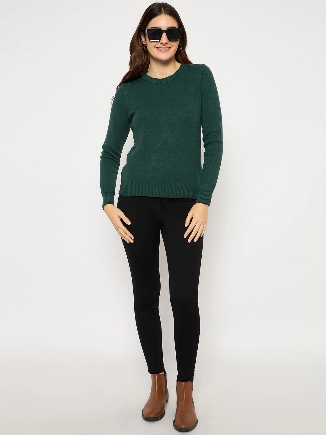 Madame Ribbed Cuffs Round Neck Bottle Green Sweater Simple Fashion