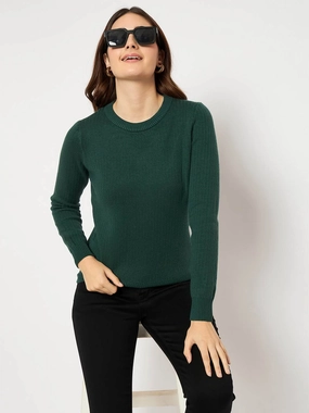Warm Base Madame Ribbed Cuffs Round Neck Bottle Green Sweater