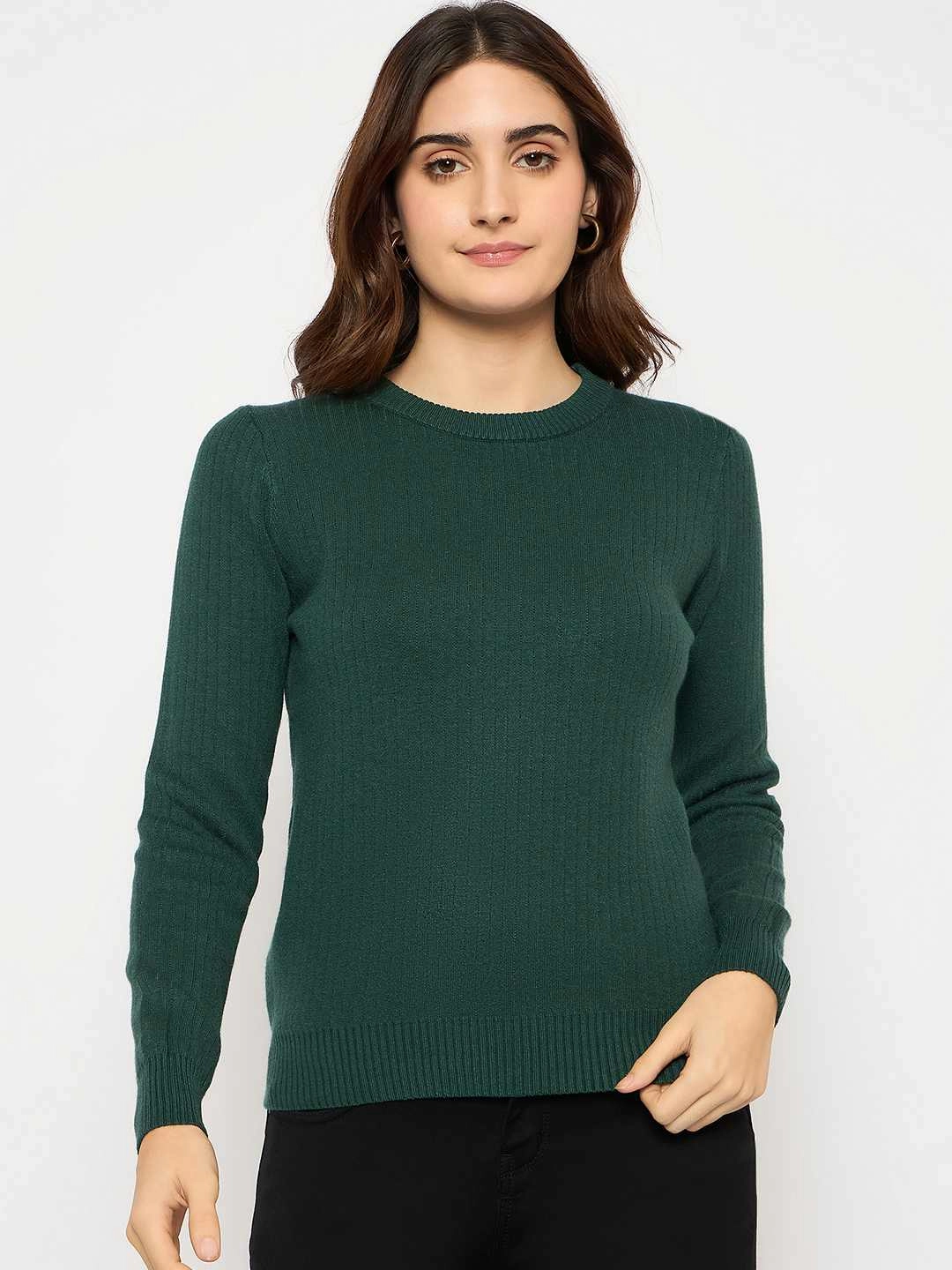 Timeless Knit Thermal Lock Stitching Madame Ribbed Cuffs Round Neck Bottle Green Sweater