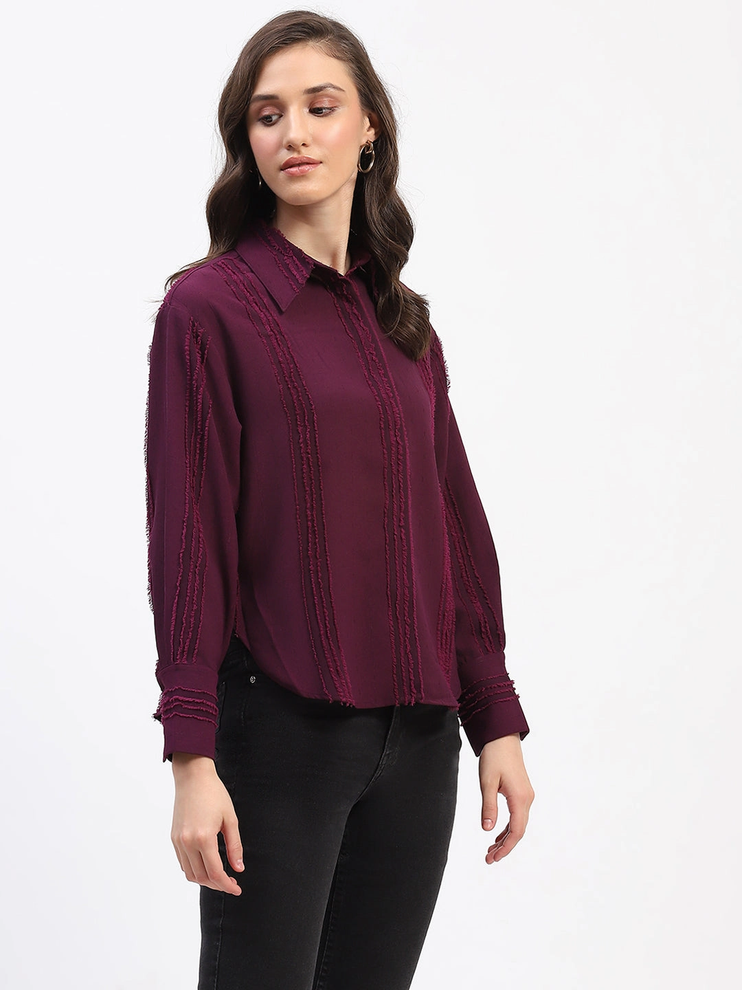 Madame Frayed Detailing Cuff Sleeve Plum Shirt crew neck