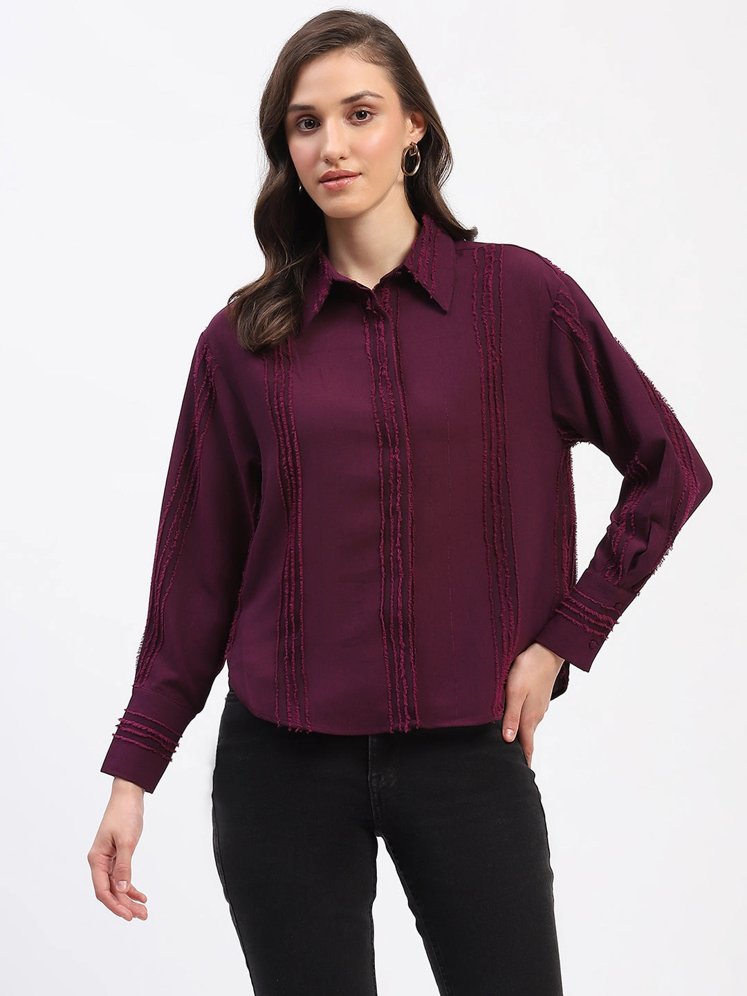 Street Style Geometric Pattern Madame Frayed Detailing Cuff Sleeve Plum Shirt