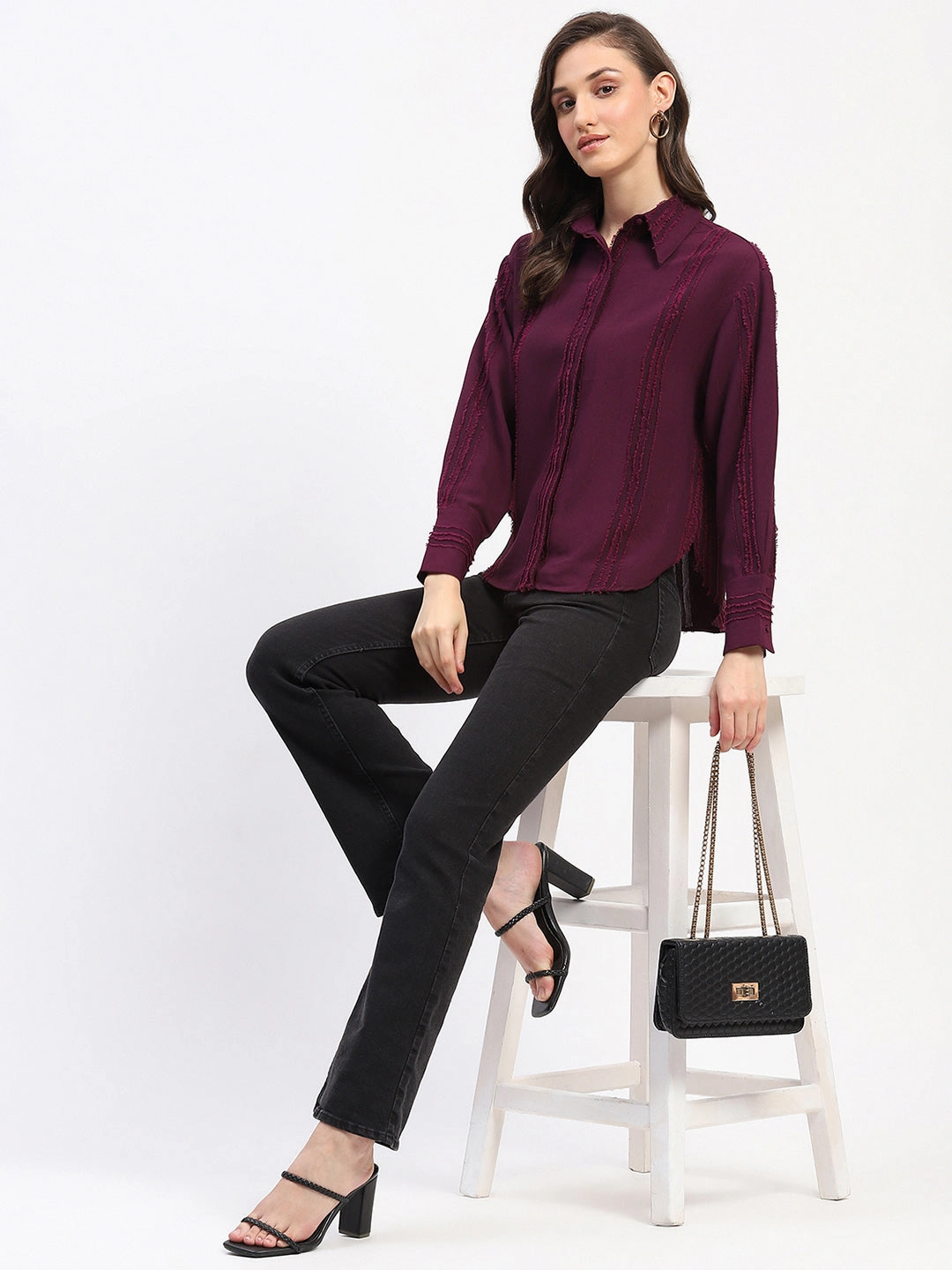 Stylish Element Luxurious Feel Madame Frayed Detailing Cuff Sleeve Plum Shirt