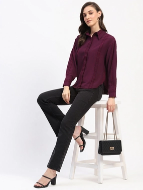 Stylish Element Luxurious Feel Madame Frayed Detailing Cuff Sleeve Plum Shirt