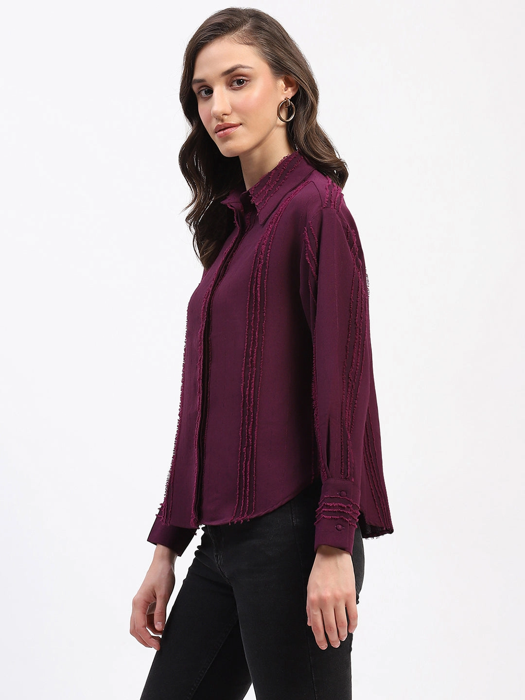 Madame Frayed Detailing Cuff Sleeve Plum Shirt Everyday Fashion