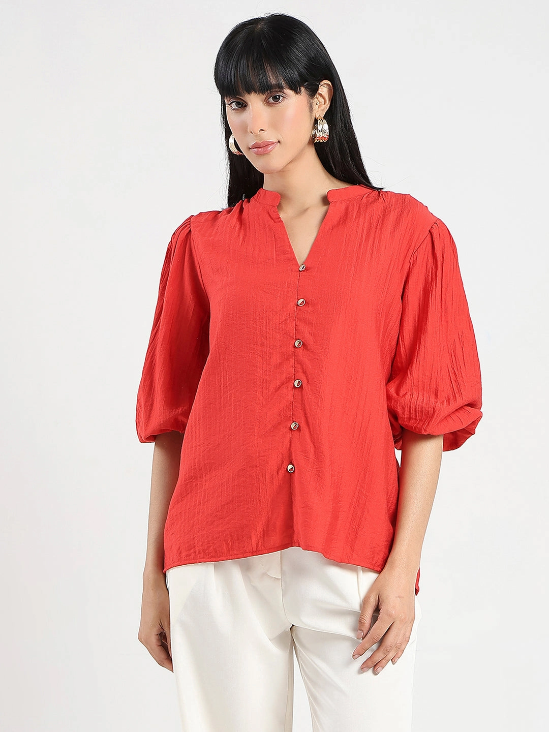 HighDensity Knit Madame Textured Ruffle Neck Rayon Blend Red Top