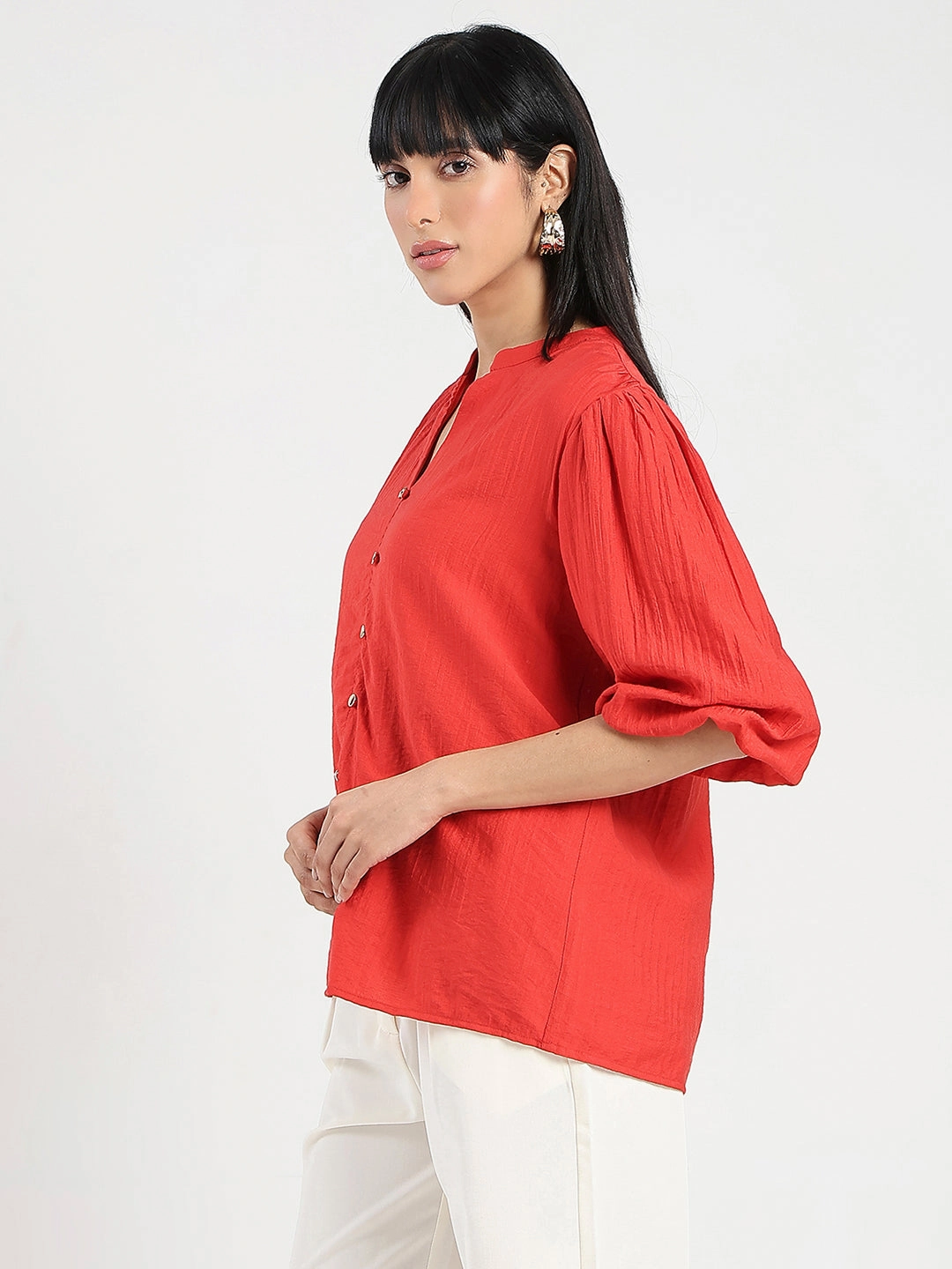 Madame Textured Ruffle Neck Rayon Blend Red Top Relaxed Blouse Multi Pocket Functional Design