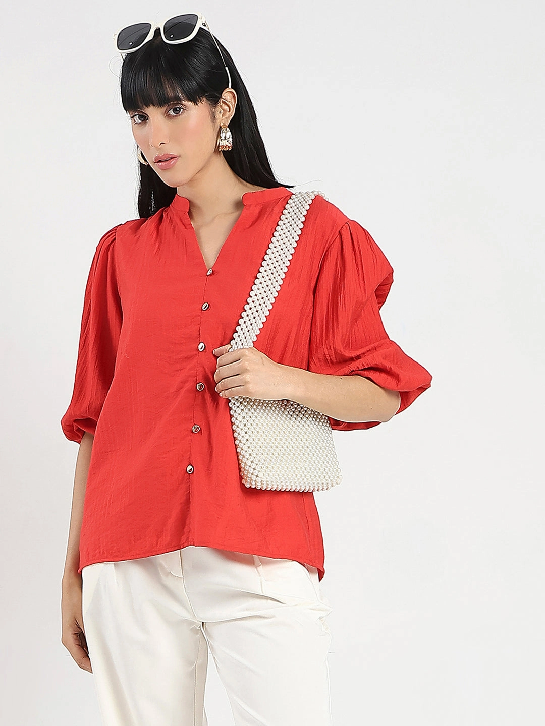 LowMaintenanceFabric Architectural Tailoring Madame Textured Ruffle Neck Rayon Blend Red Top
