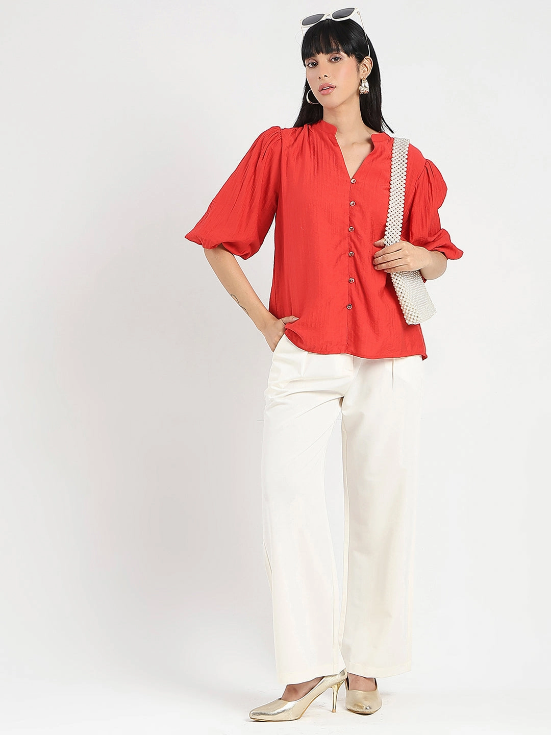 Madame Textured Ruffle Neck Rayon Blend Red Top Minimalist Aesthetic Airflow Ventilation