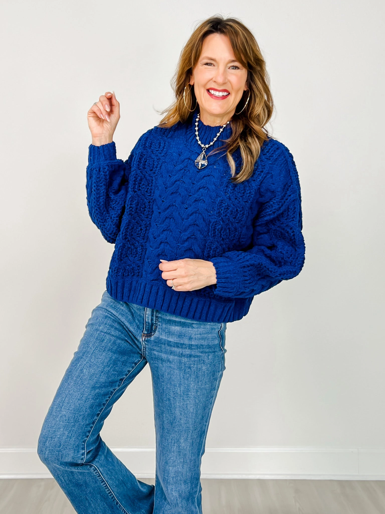 Snug Layers Mock Neck Cable Knit Balloon Sleeve Sweater - GRP B