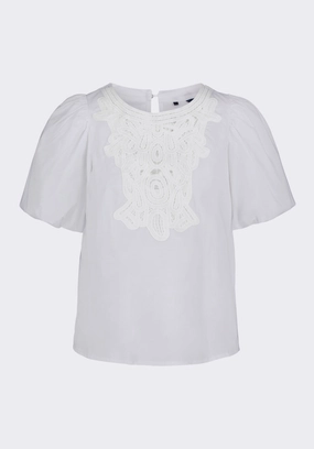 On-The-Go Style Multi Pocket Utility Leonella Women's Puff Sleeve Embroidered Blouse, White - WT0204P