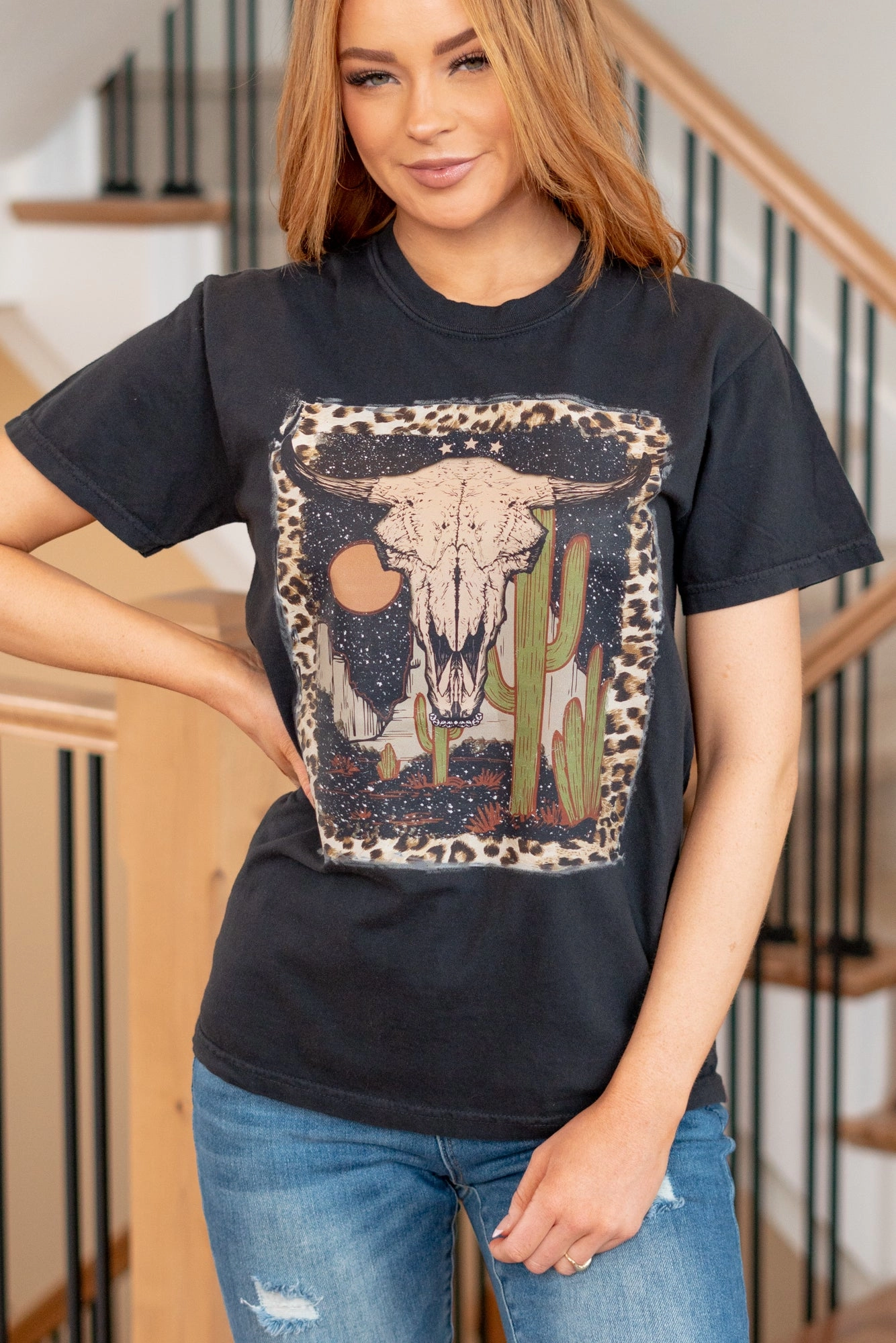 Light Fit Wear Pastel color Leopard Bull Skull Graphic  - Black T-Shirt