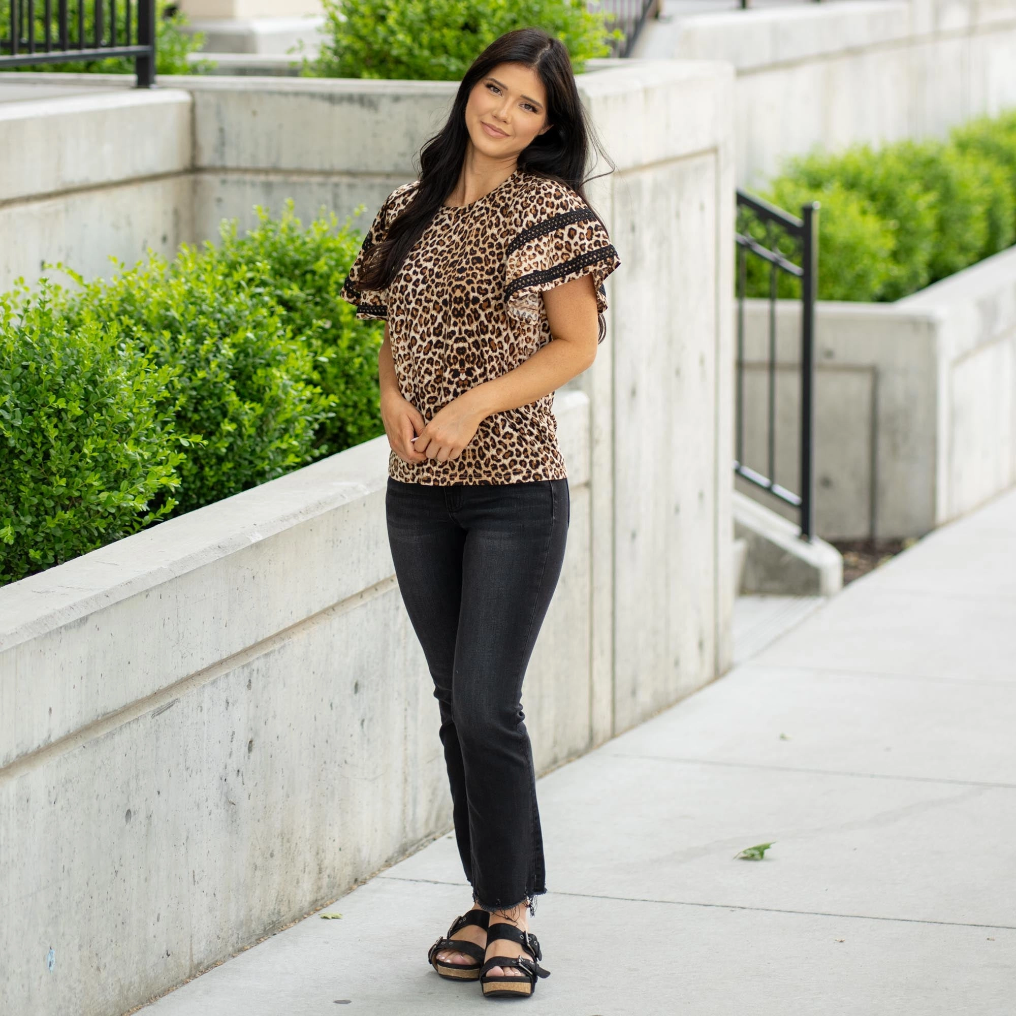 Urban Edge Leopard Jersey Crochet Trim Shrring Sleeves Top