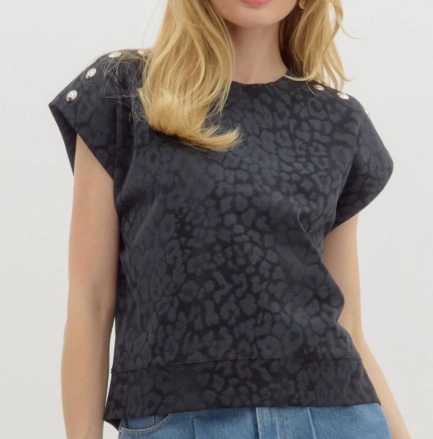 Leopard Print Sleeveless Top with Stud Accented Shoulders Thermal regulation