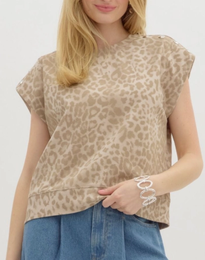 Leopard Print Sleeveless Top with Stud Accented Shoulders Wrinkle Resistant Treatment Flatlock Seam Technique