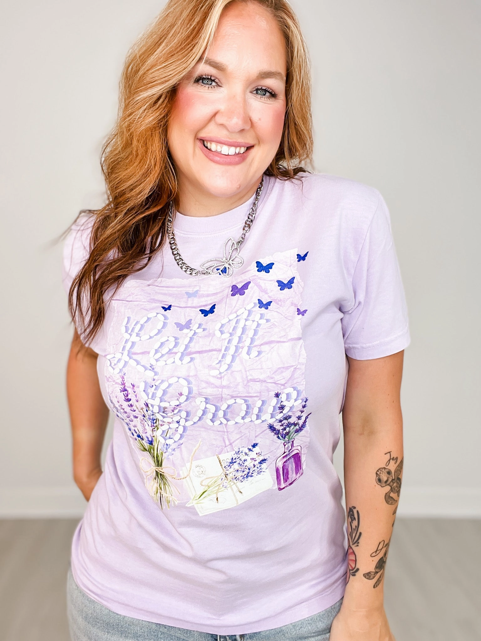 Let It Grow Lavender Graphic Tee Self Fabric Tie Closure Cozy Cardigan