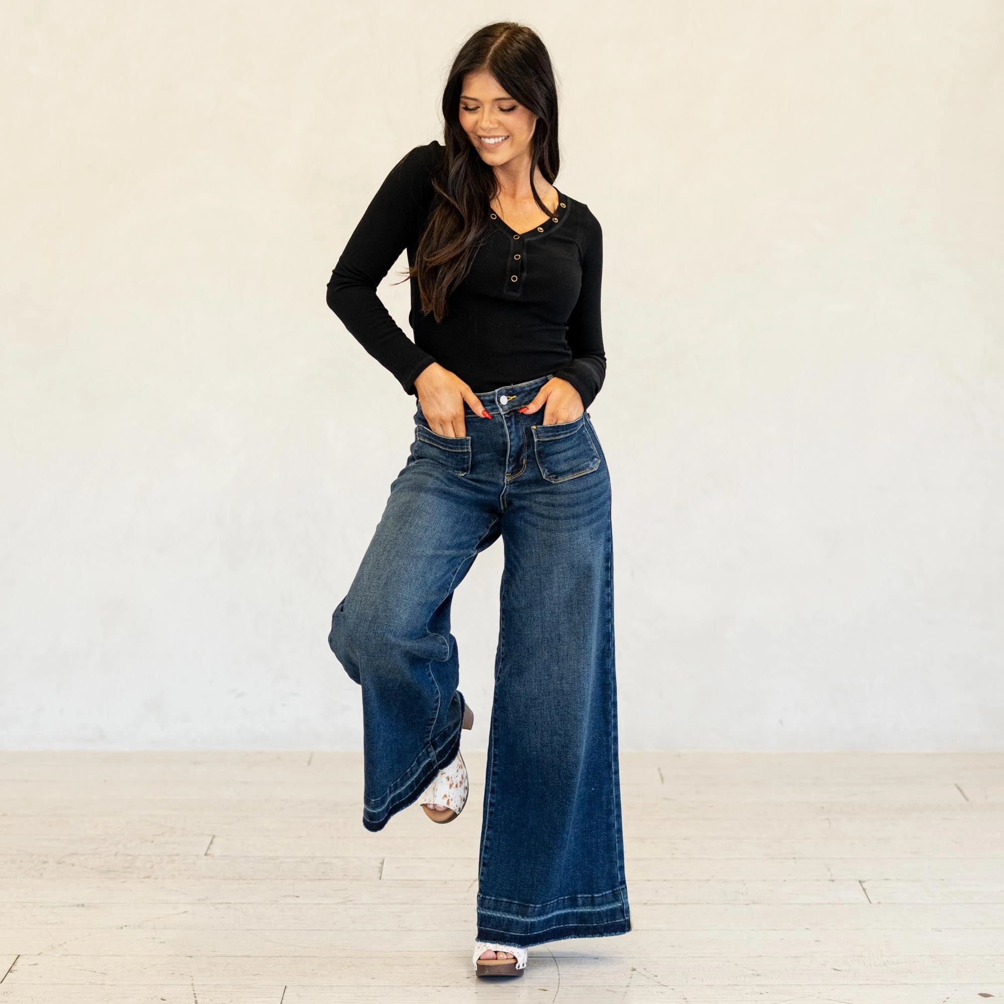 Closet Classic Fresh casual Judy Blue Monroe Palazzo Patch Jeans Dark Blue Wash Regular & Plus Sizes