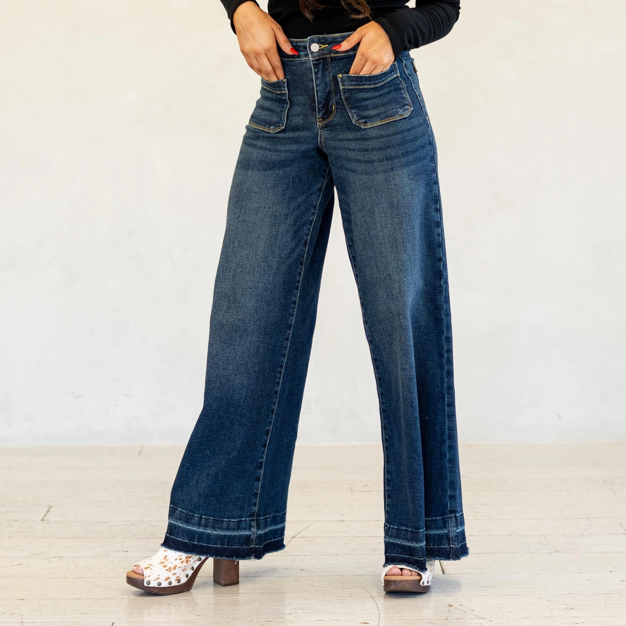 Eco Certified Textile Standards Spring Mood Bold Judy Blue Monroe Palazzo Patch Jeans Dark Blue Wash Regular & Plus Sizes