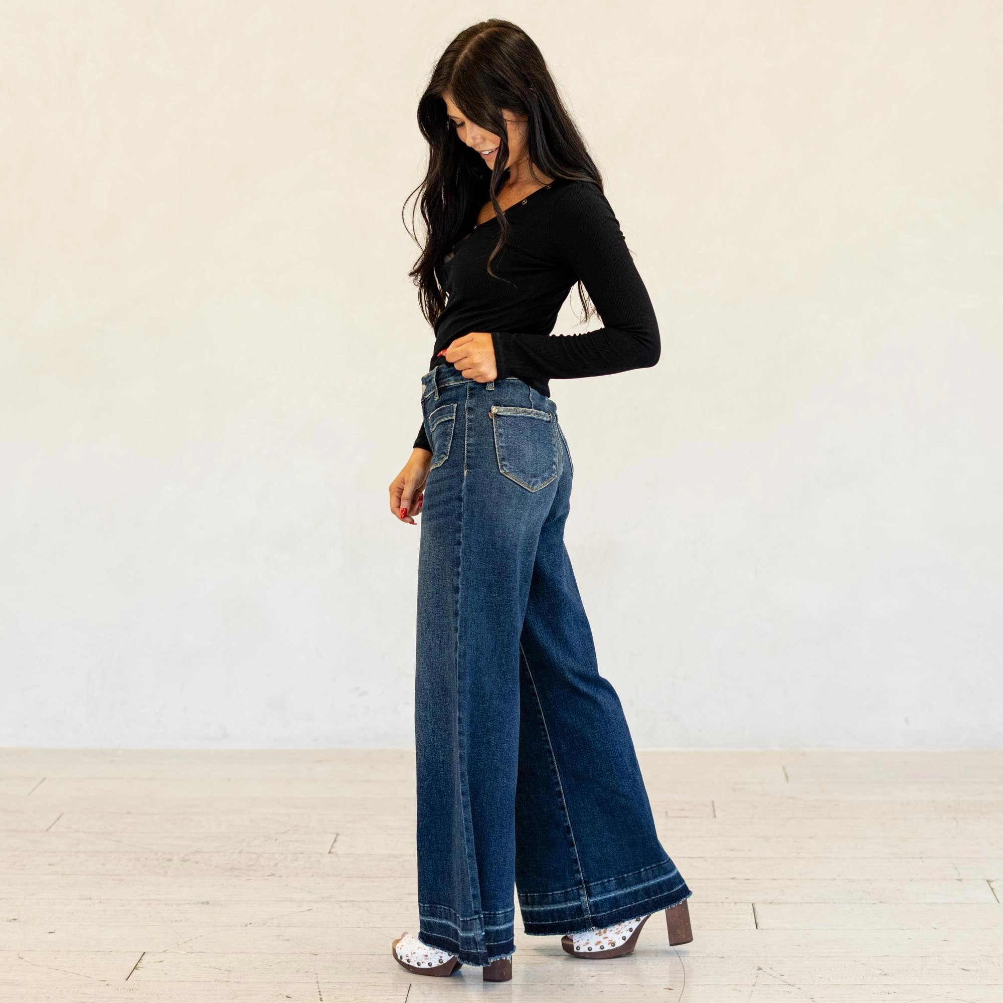 Judy Blue Monroe Palazzo Patch Jeans Dark Blue Wash Regular & Plus Sizes Sustainable Manufacturing