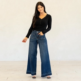 Judy Blue Monroe Palazzo Patch Jeans Dark Blue Wash Regular & Plus Sizes Modern Casual Streetwear Fan Earthy High Quality