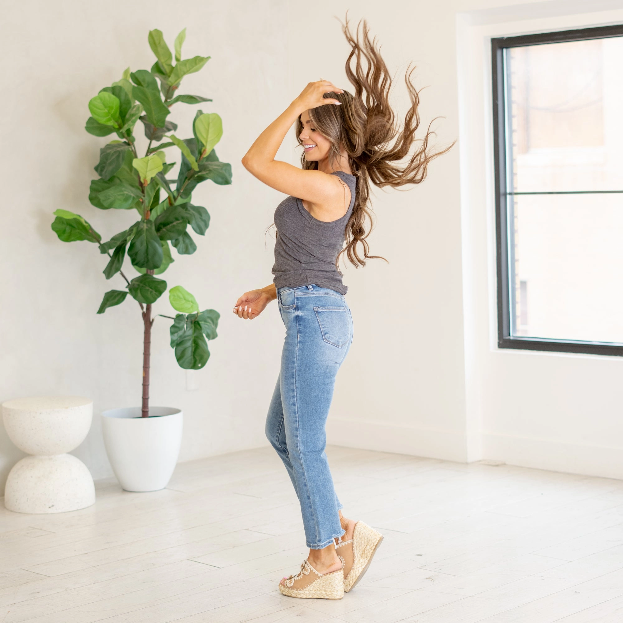 Risen Rain or Shine High Rise Crop Straight Leg Jeans Medium Blue Wash Formal Classic Wear Loose Match With All