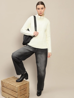 Madame Half Zipper Collared Off White Sweater Cozy Chic Comfy Wear