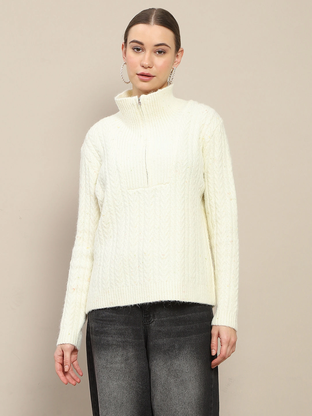 Madame Half Zipper Collared Off White Sweater Cozy Choice Performance Layer Fit