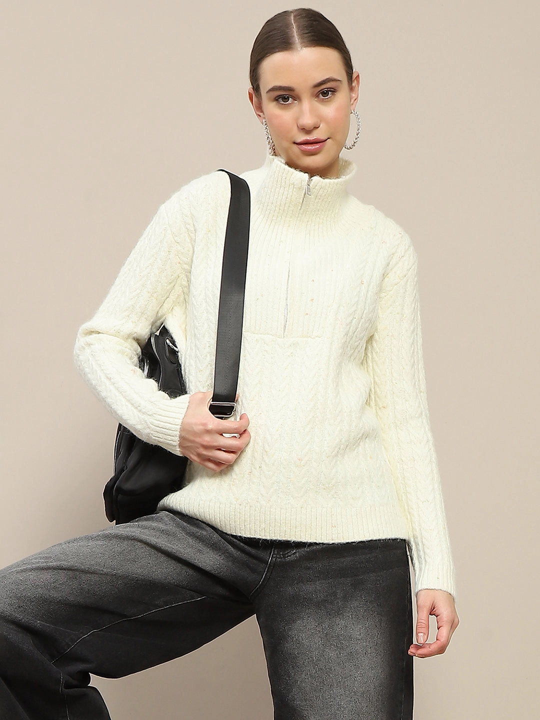 Stylish Layer Madame Half Zipper Collared Off White Sweater
