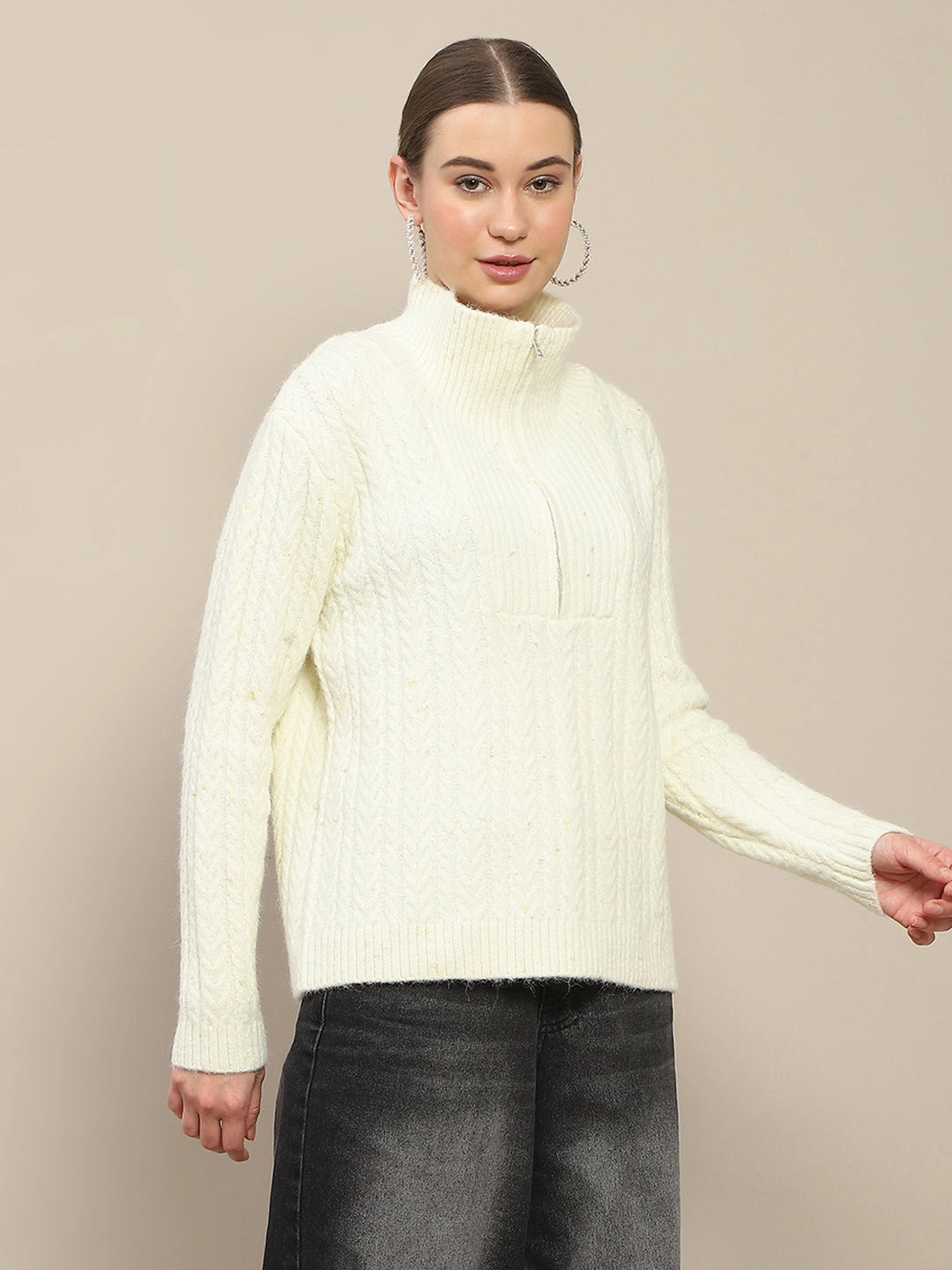 Madame Half Zipper Collared Off White Sweater Soft and Warm Warm Base