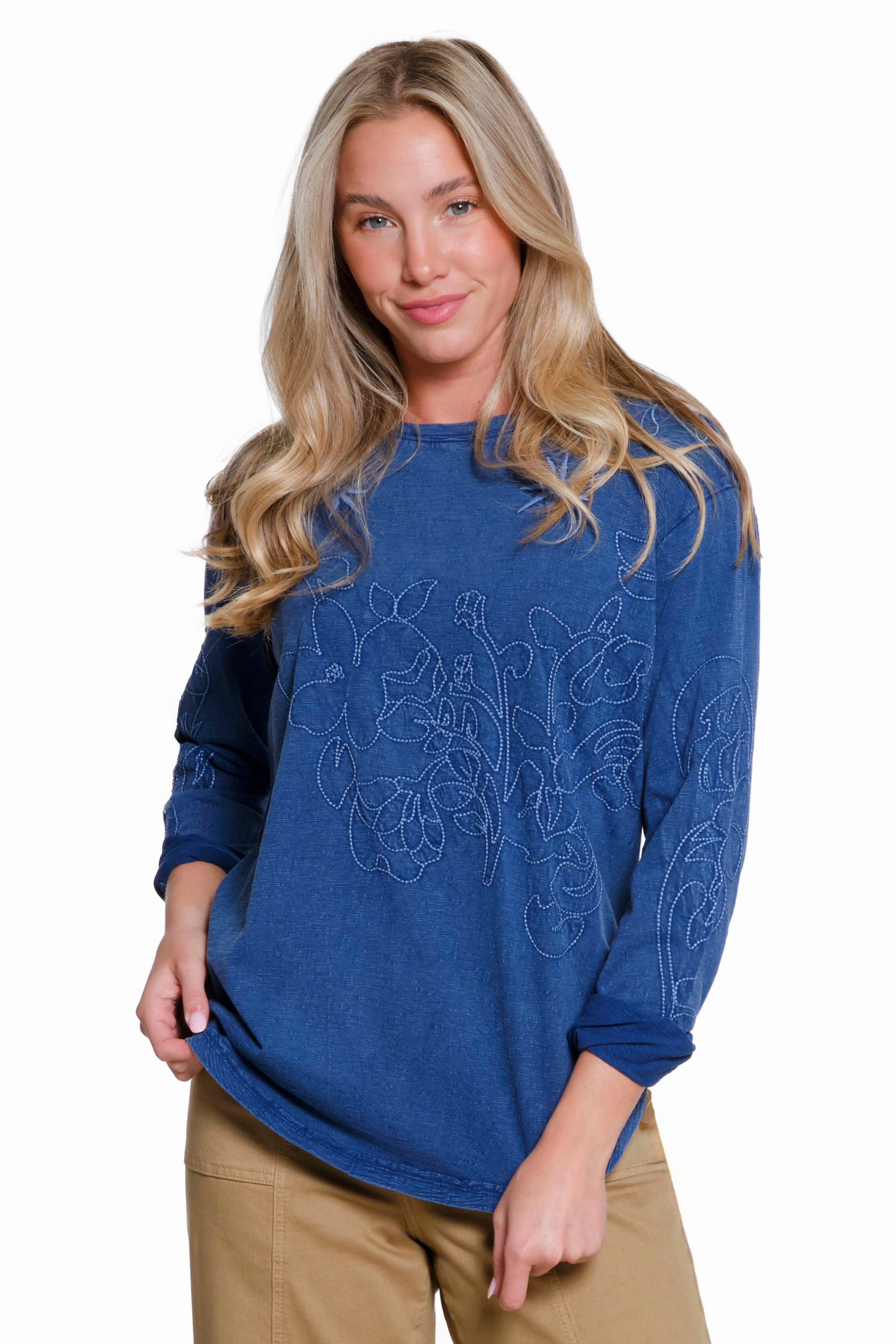 Embroidered Slub Jersey Knit Top - Blue PuckerFree Surface
