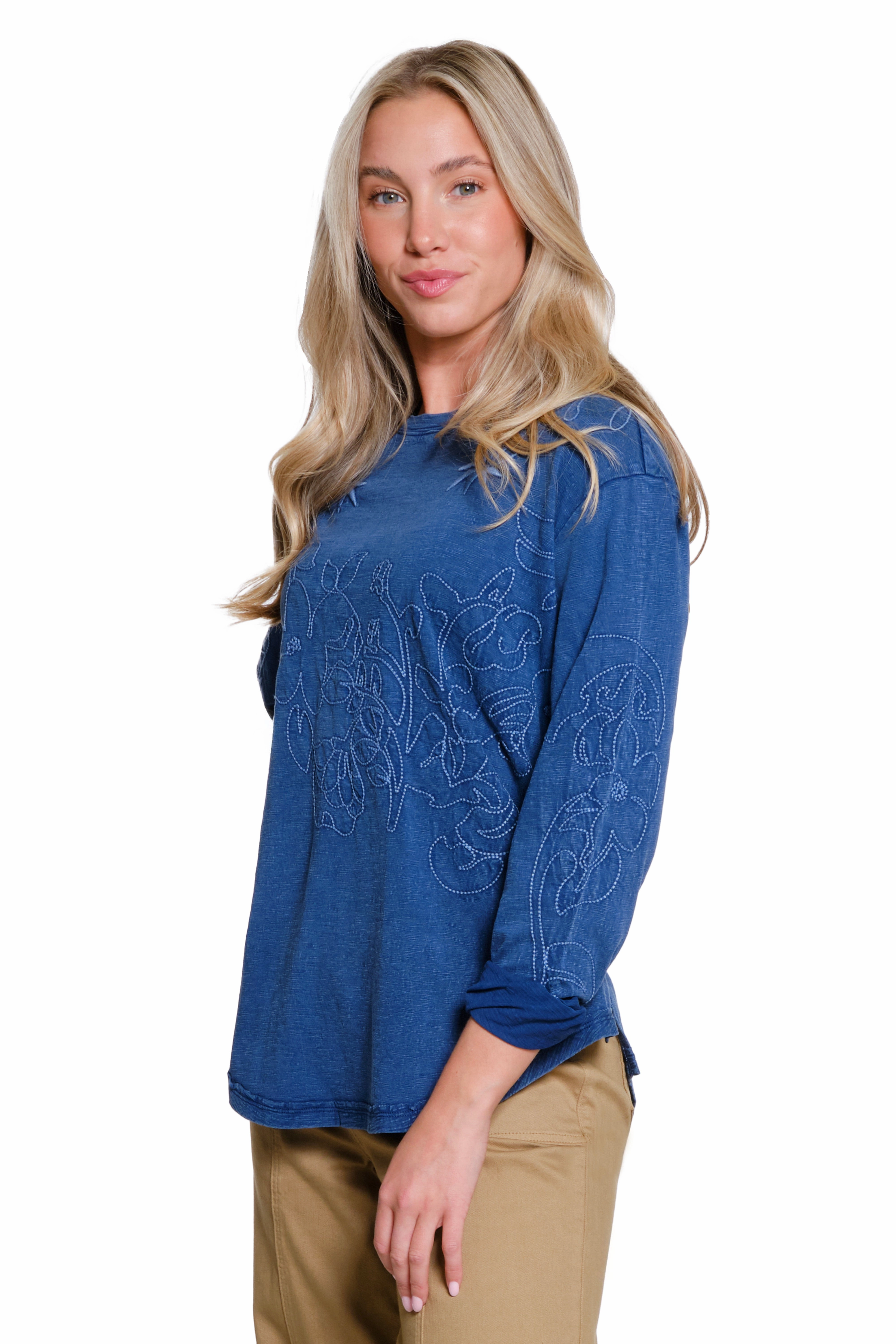 Embroidered Slub Jersey Knit Top - Blue Fleece Pullover