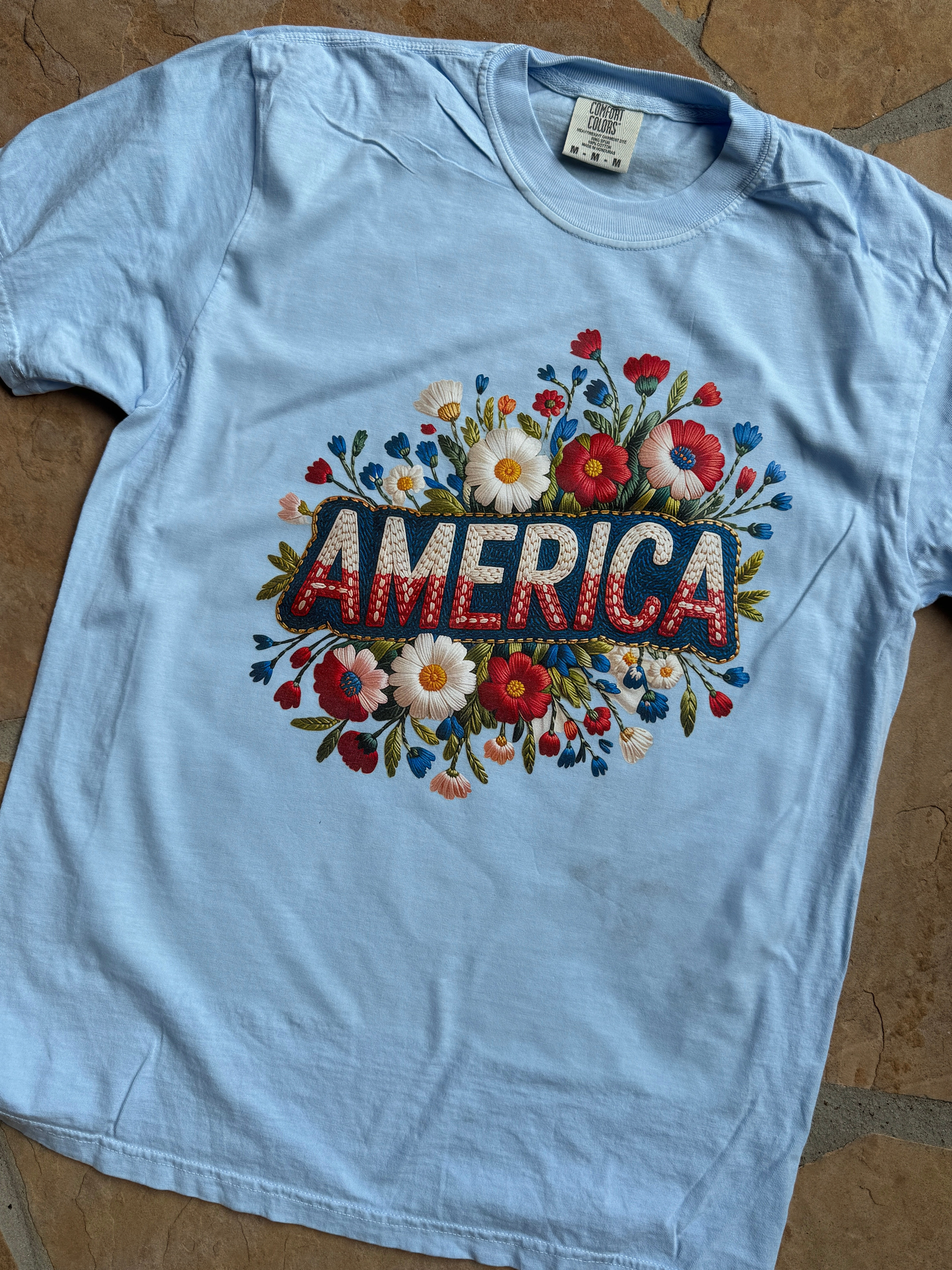 Embroidery Look "America" Flowers Graphic Tee VNeck Style