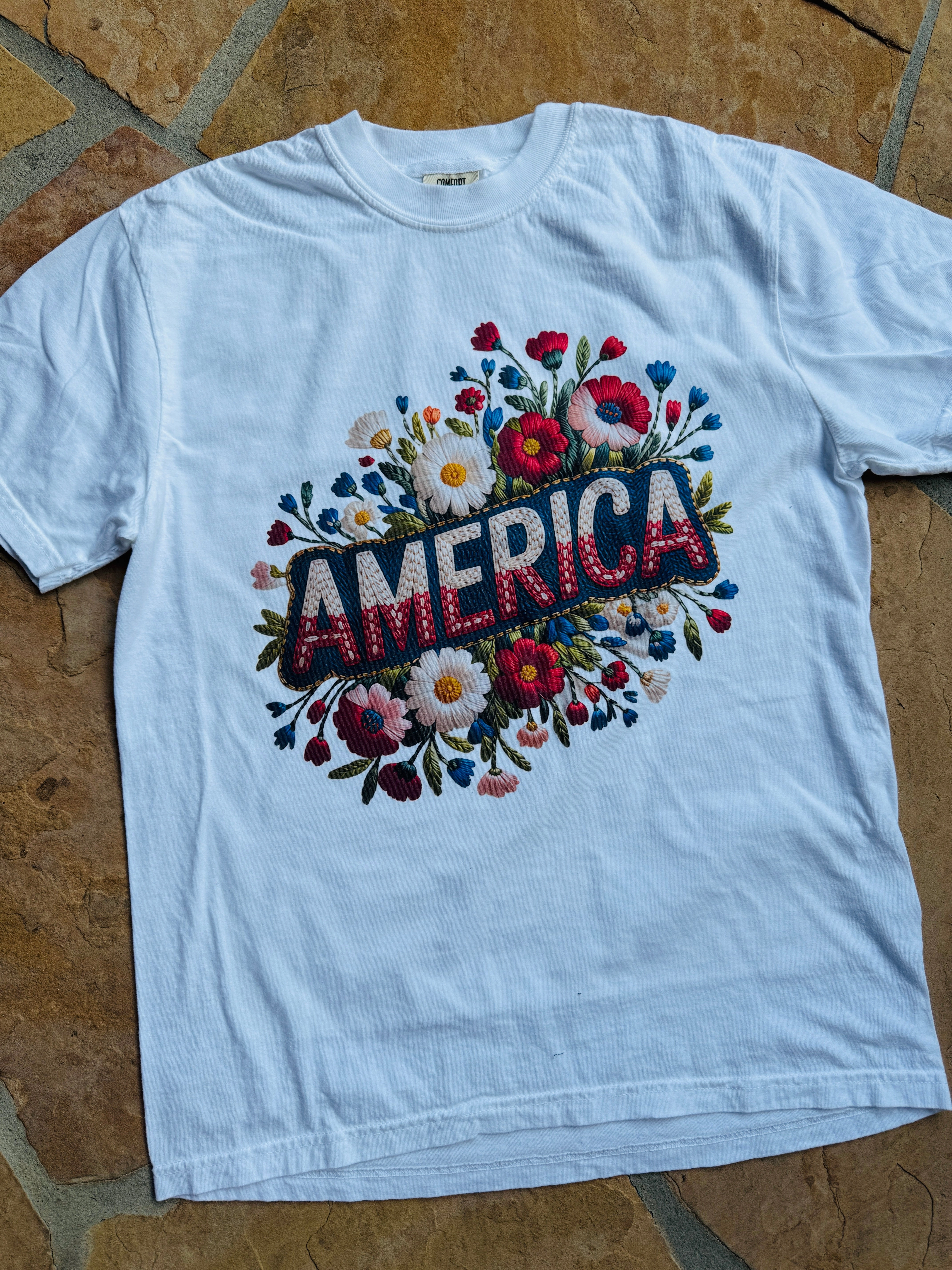 Embroidery Look "America" Flowers Graphic Tee FlexibleLayeredConstruction Moisture Wicking Fabric