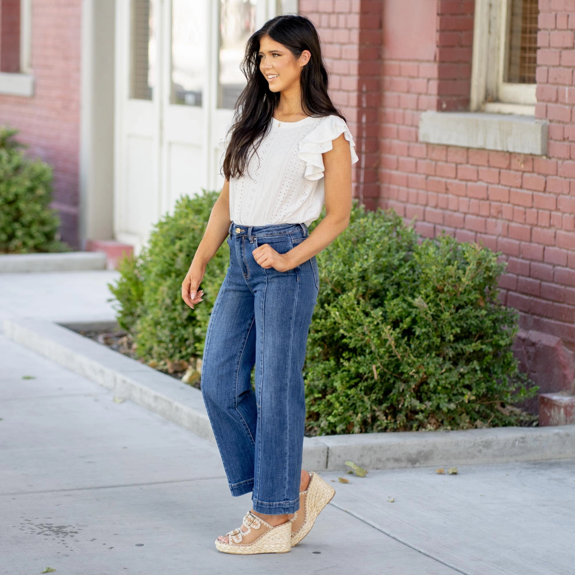 Risen Radiant High Rise Ankle Wide Leg Jeans Dark Blue Wash Non Restrictive Cut