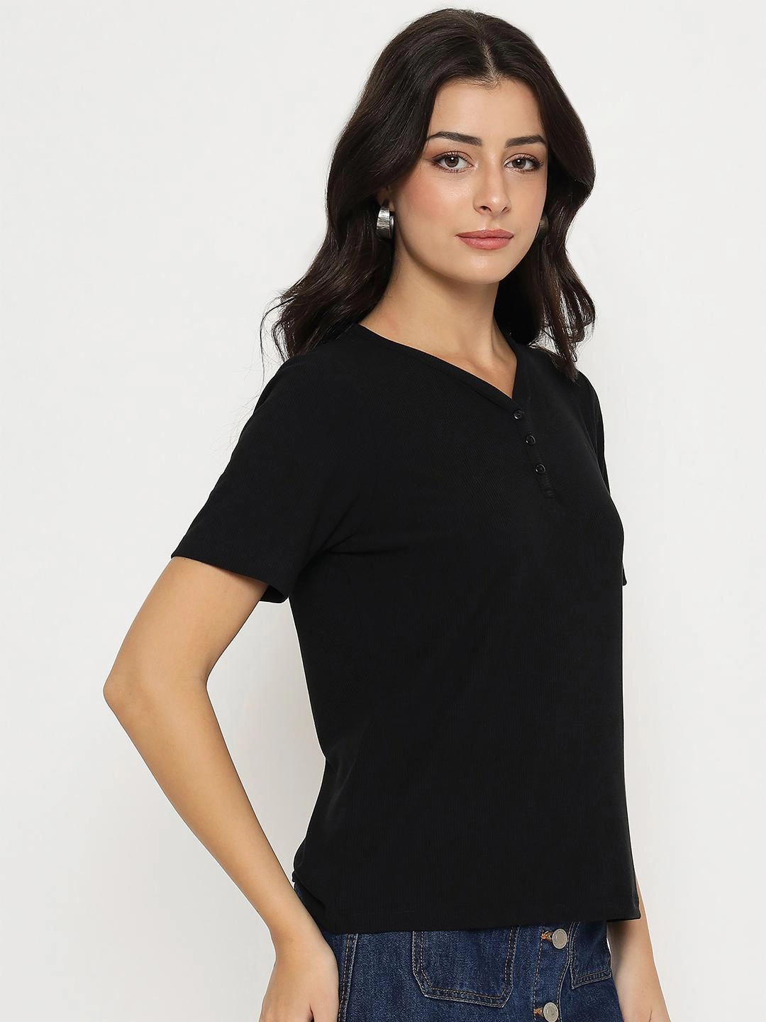 Madame Henley Neck Solid Black T-Shirt Bamboo Fiber Fabric