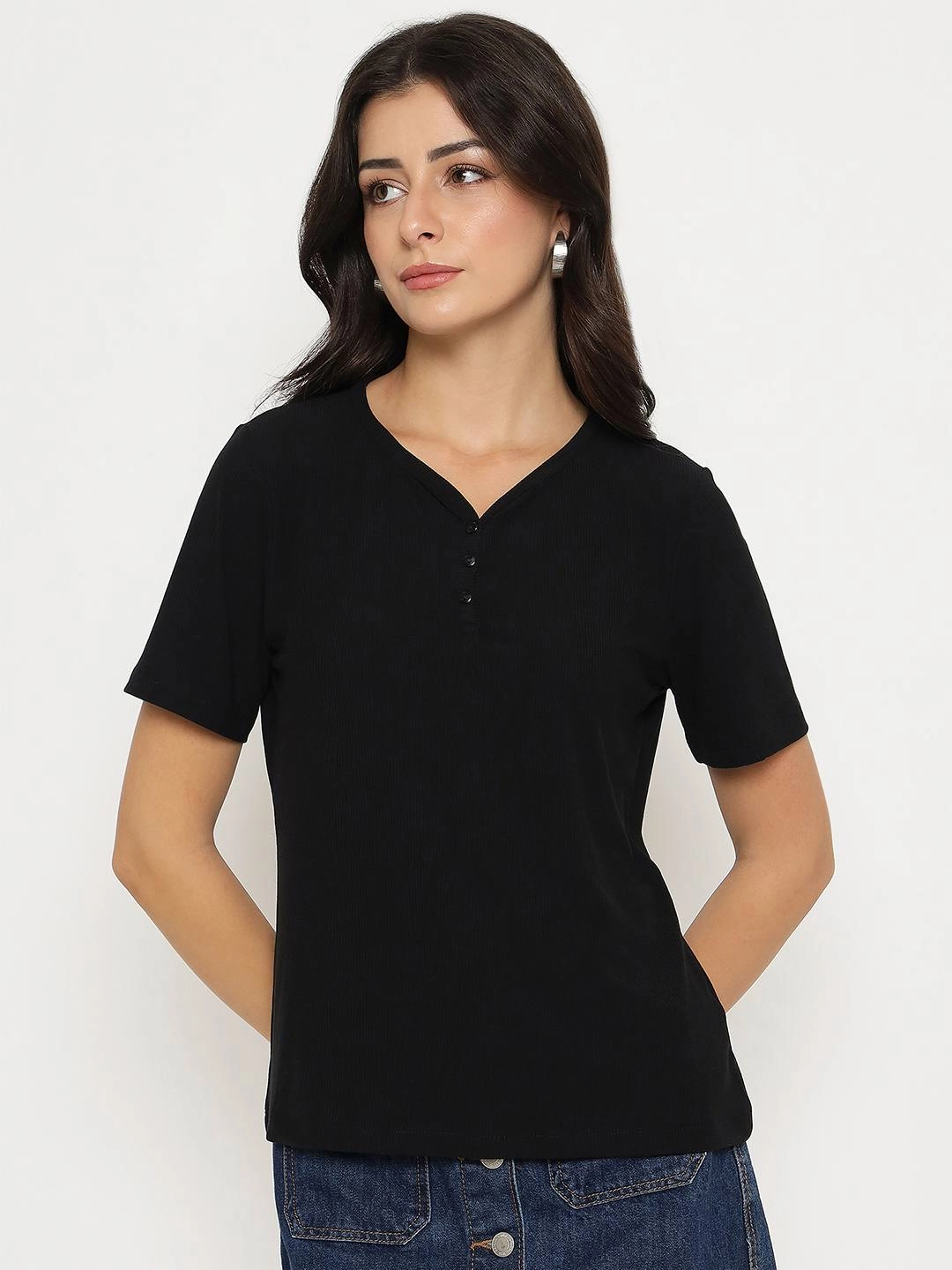 ZeroWasteProduction FlexibleKnit Madame Henley Neck Solid Black T-Shirt