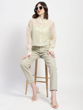 Madame Semi Sheer Abstract Print Lime Shirt Wrinkle Resistant Material