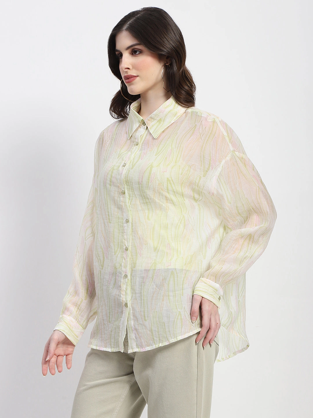 Madame Semi Sheer Abstract Print Lime Shirt Premium Quality No Slip Shoulder Grips