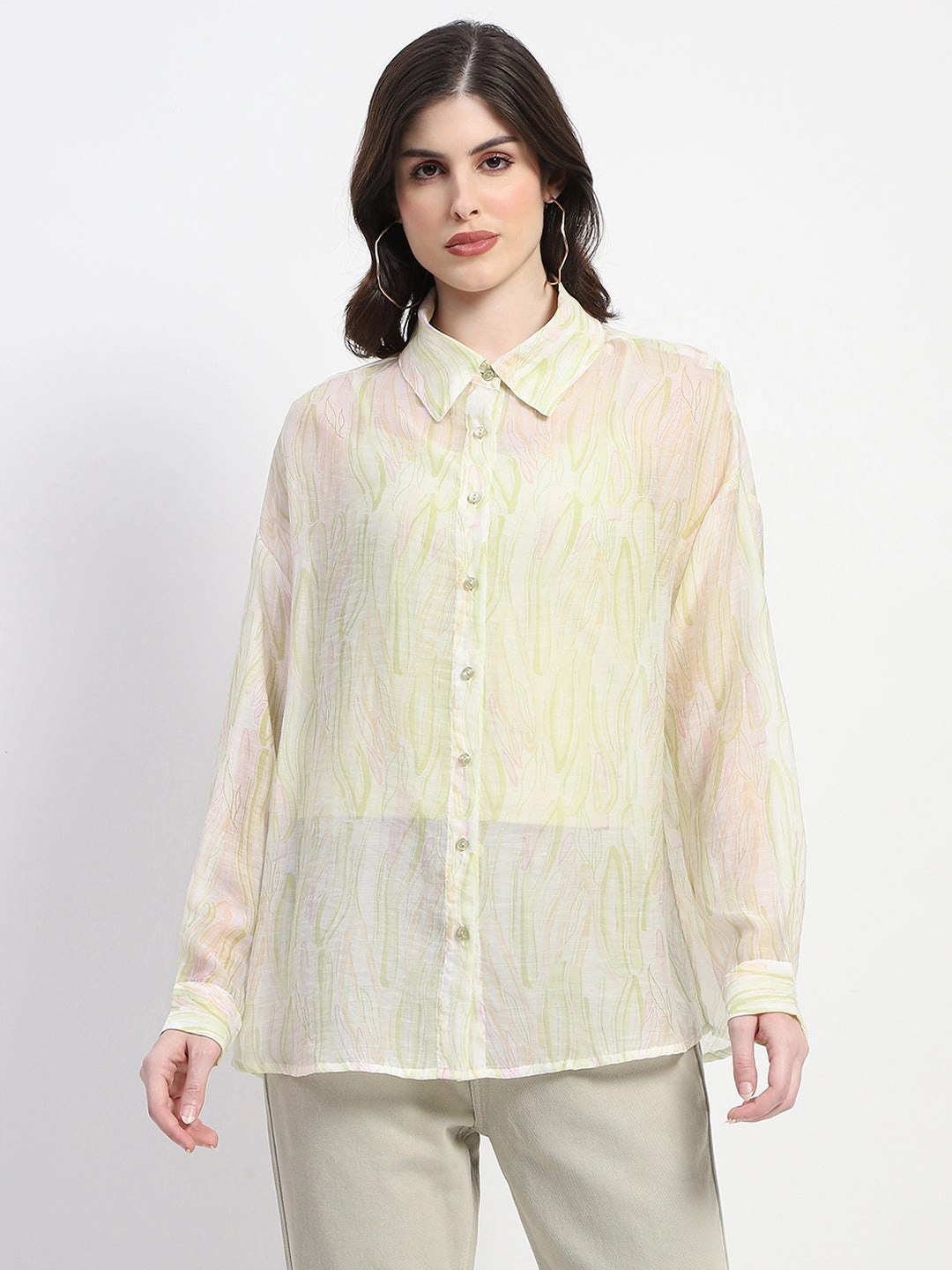 Quality Look Madame Semi Sheer Abstract Print Lime Shirt