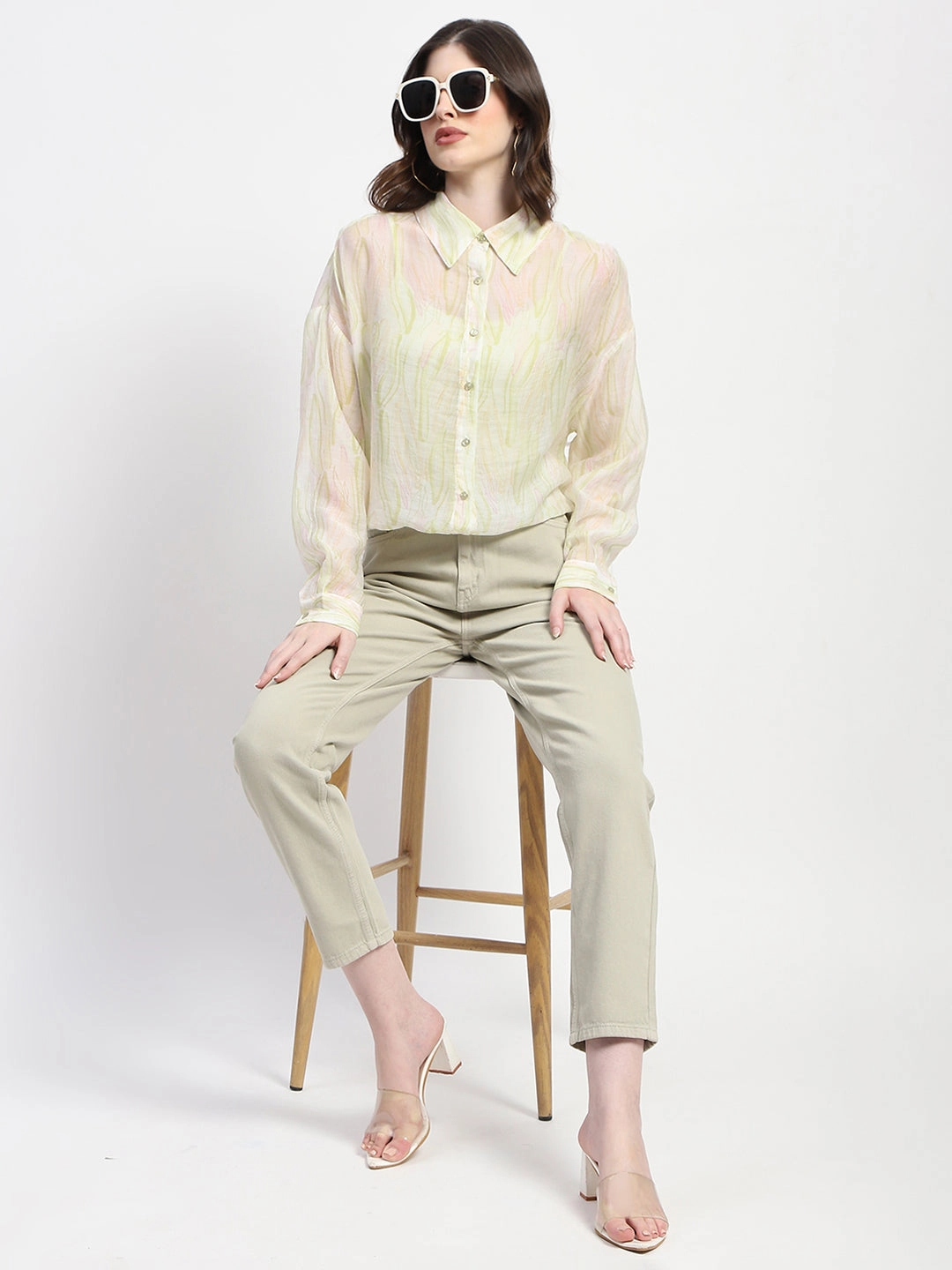 Madame Semi Sheer Abstract Print Lime Shirt Wrinkle Resistant Material
