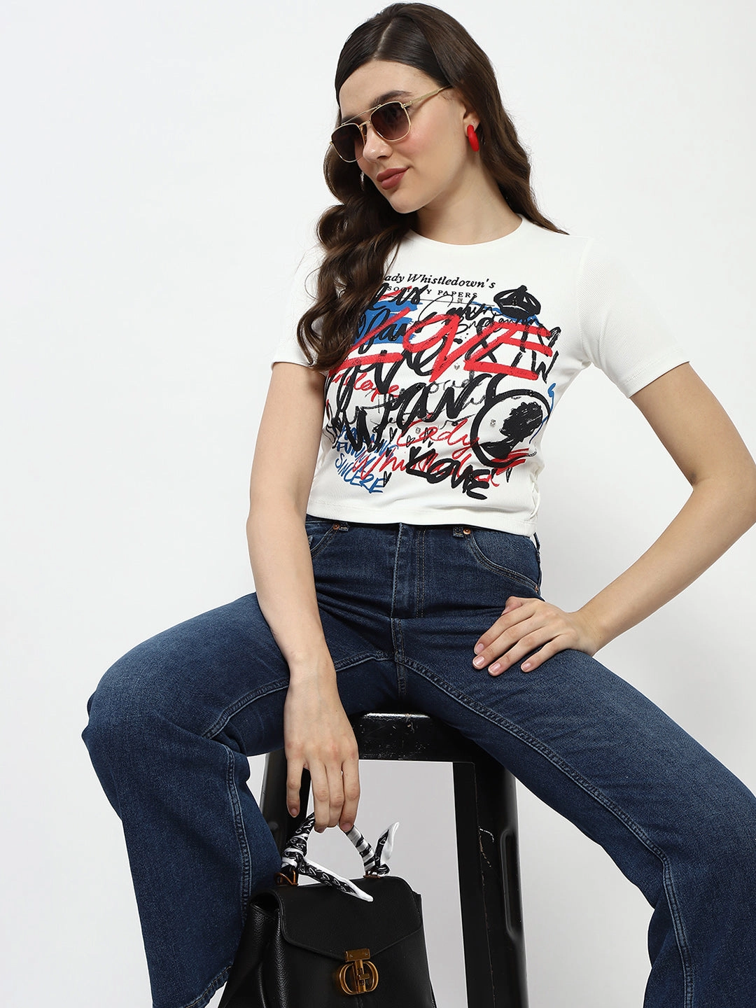 ConvertibleCollar Madame Bridgerton Typography Printed Crystal Embellished White Cotton T-Shirt