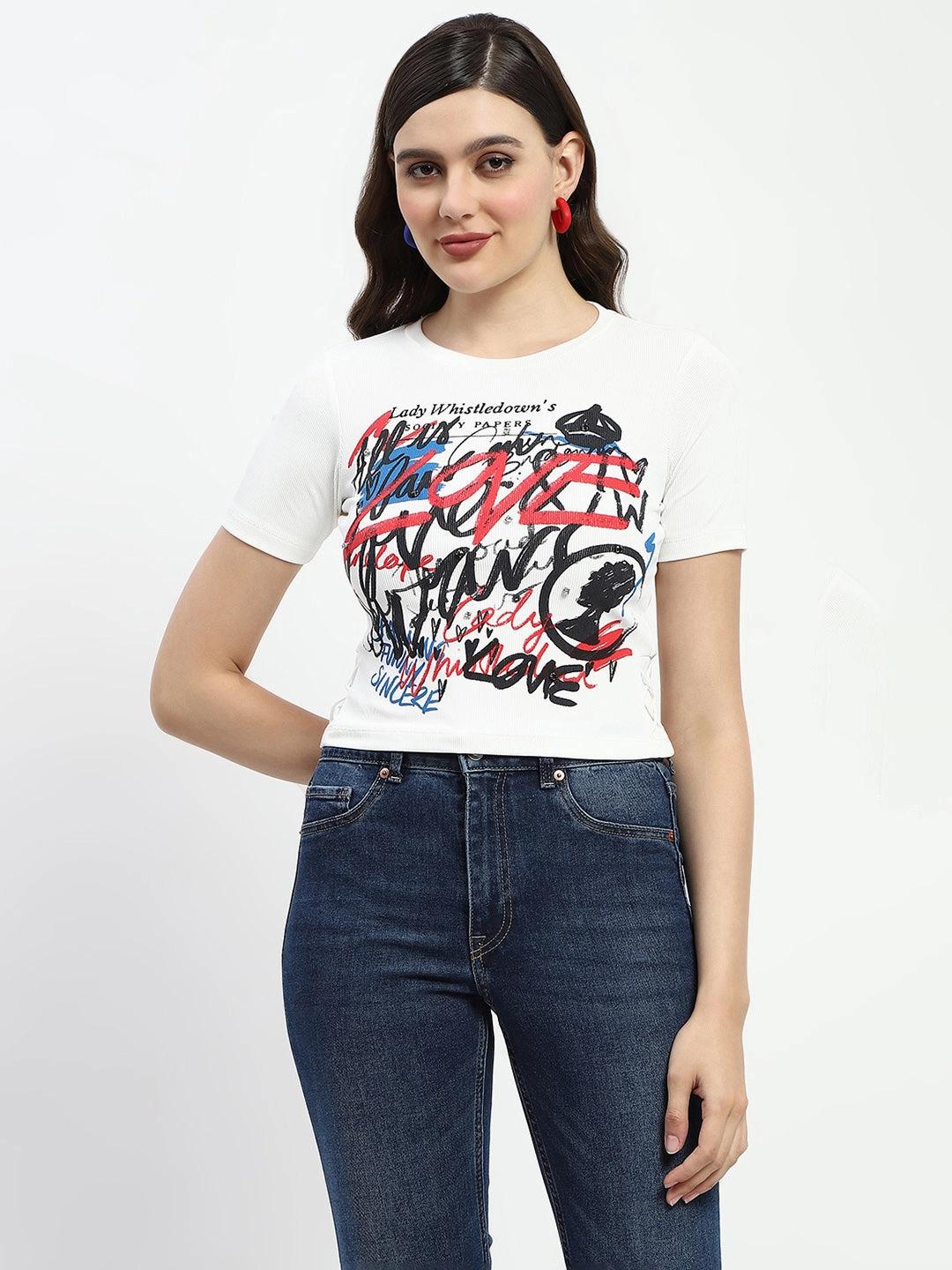 WideNeckOpening SeamFree Knitting Madame Bridgerton Typography Printed Crystal Embellished White Cotton T-Shirt