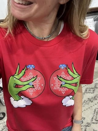 Christmas Grouch Bejeweled Boobs Graphic Tee Anti Pilling