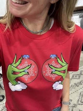 Christmas Grouch Bejeweled Boobs Graphic Tee Stretch Comfort